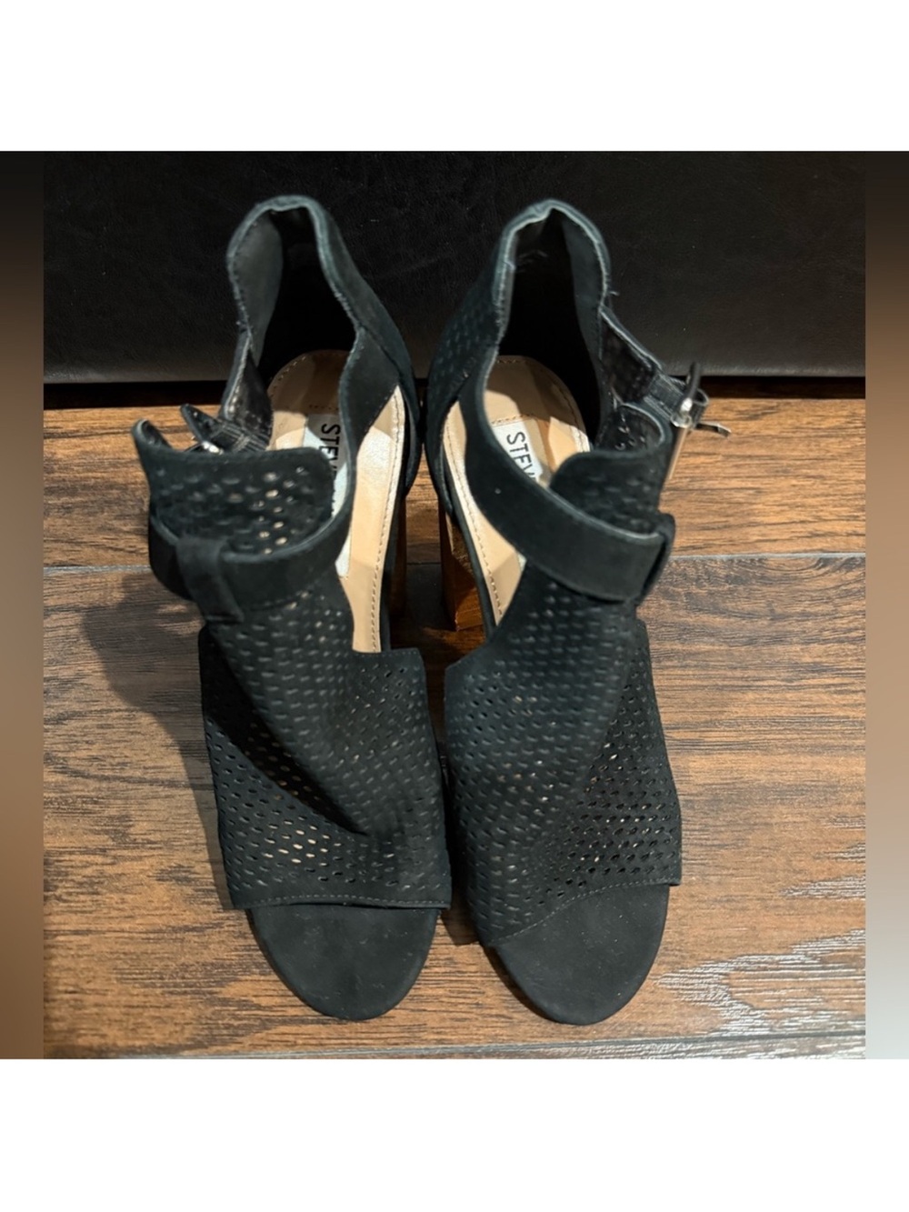 Steve Madden Black Perforated Ankle-Strap Peep-Toe Heels